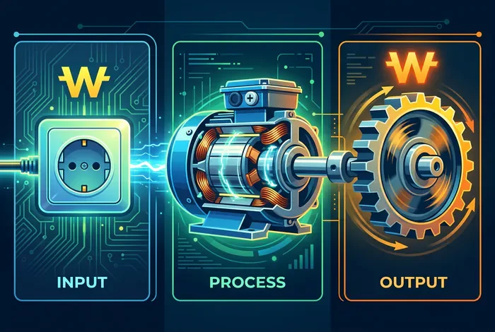 Schéma graphique montrant l'entrée électrique, le moteur, le mouvement et les Watts