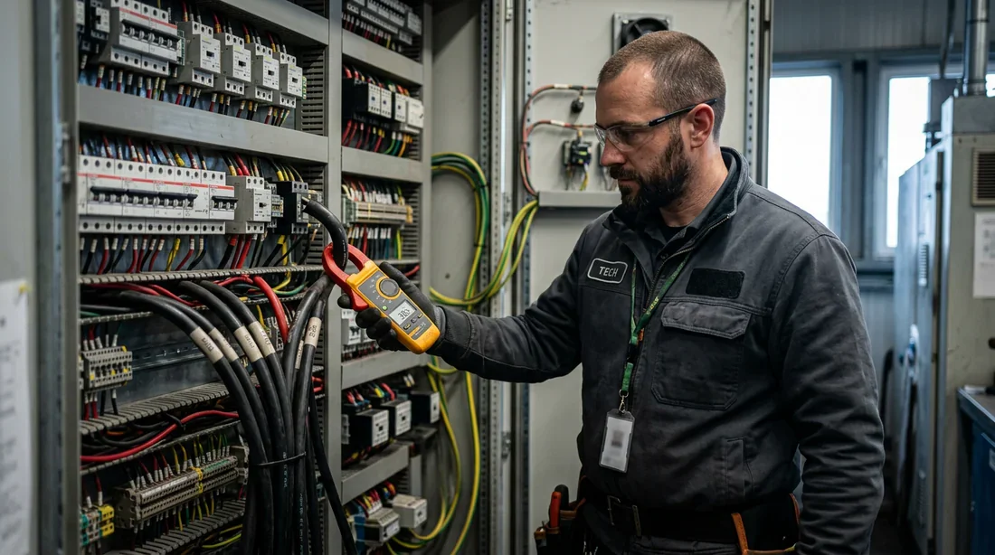 Technicien mesurant l'intensité d'un câble électrique avec une pince ampèremétrique digitale dans un tableau