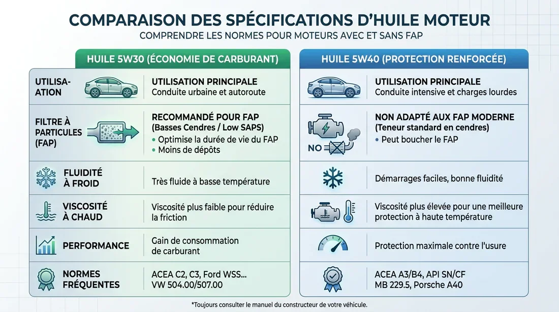 Tableau des normes d'huile moteur selon le FAP