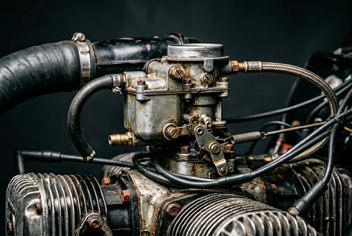 Gros plan sur le carburateur d'un moteur de 2CV