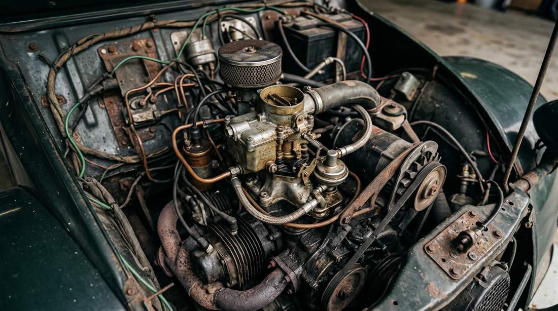 Vue détaillée du compartiment moteur et du carburateur d'une Citroën 2CV classique