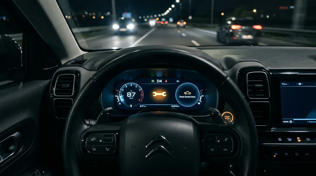 Tableau de bord de Citroën C4 Aircross affichant le voyant clé à molette orange de révision.