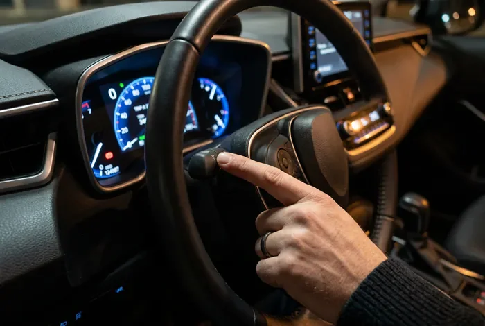 Doigt appuyant sur la tige du compteur kilométrique d'une Suzuki Swift.