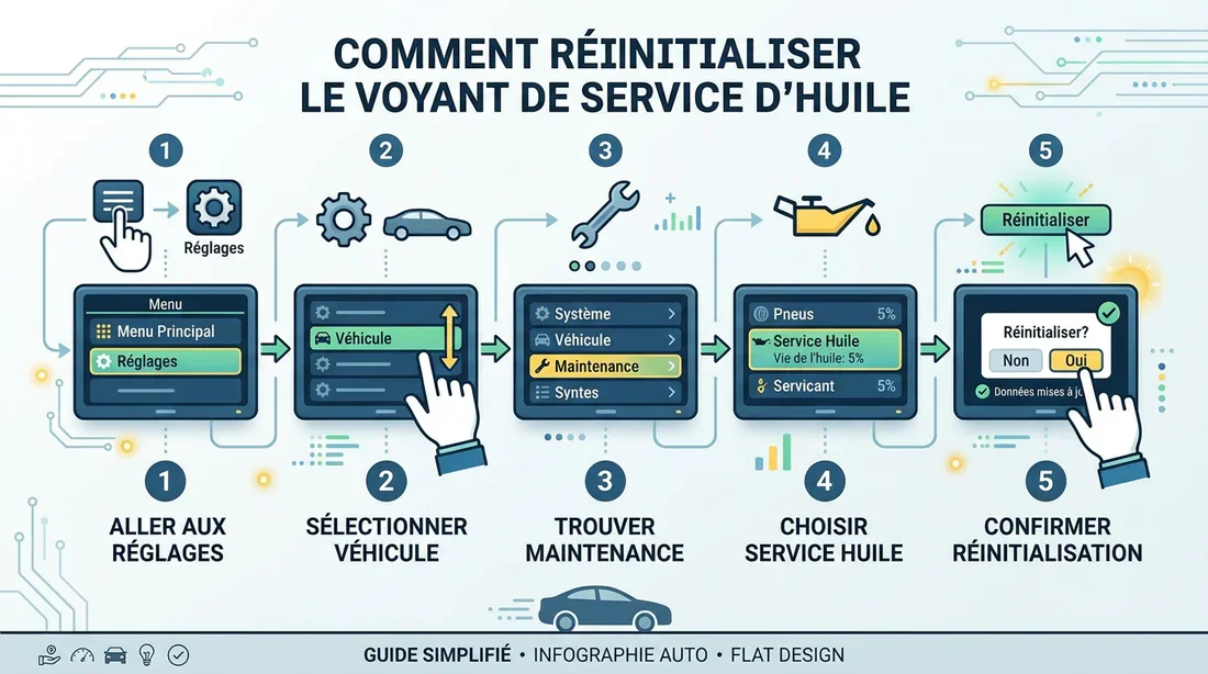 Infographie synthétique des étapes de réinitialisation du voyant d'entretien Suzuki Swift.
