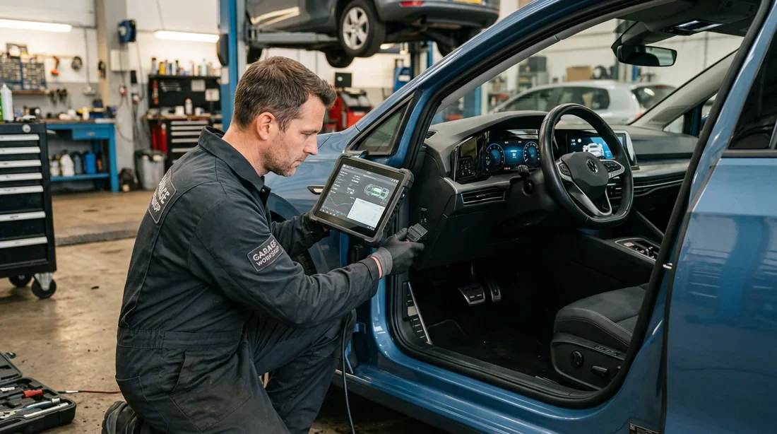 Garagiste utilisant une valise de diagnostic OBD2 sur une Citroën C3