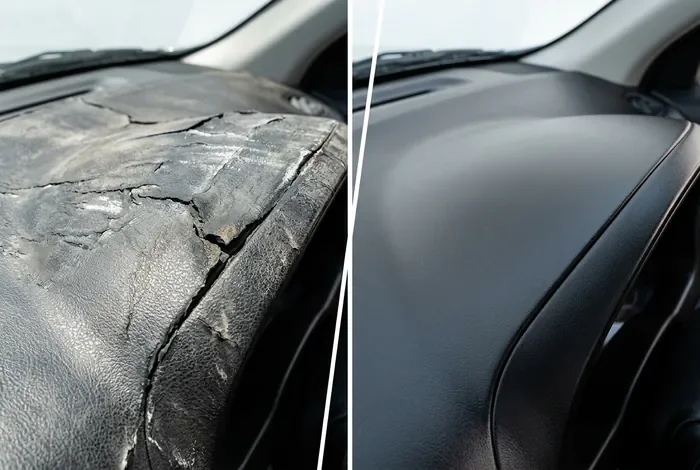 Comparaison avant et après réparation d'un tableau de bord de Fiat 500