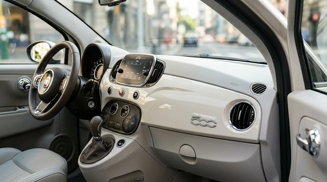 Tableau de bord intérieur d'une Fiat 500 propre et brillant