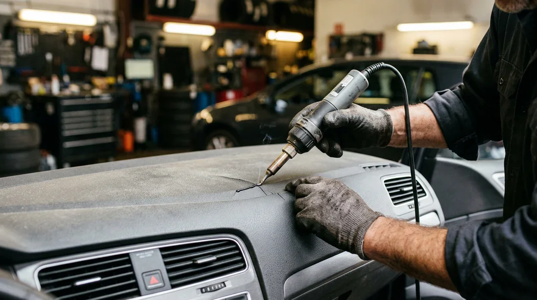 Technicien en train de réparer le tableau de bord d'une voiture