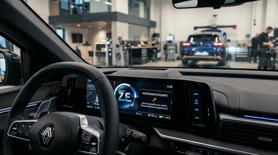 Tableau de bord de Renault Megane E-Tech avec message de révision dans un garage moderne