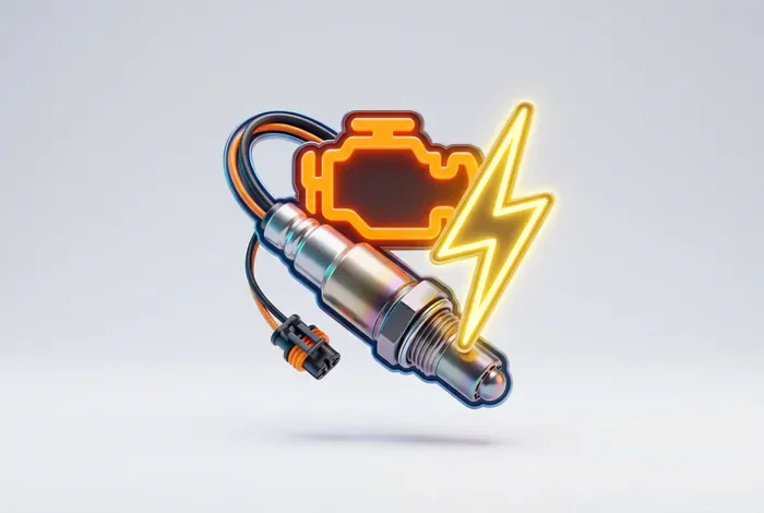 Illustration 3D d'une sonde lambda avec symbole de voyant moteur.