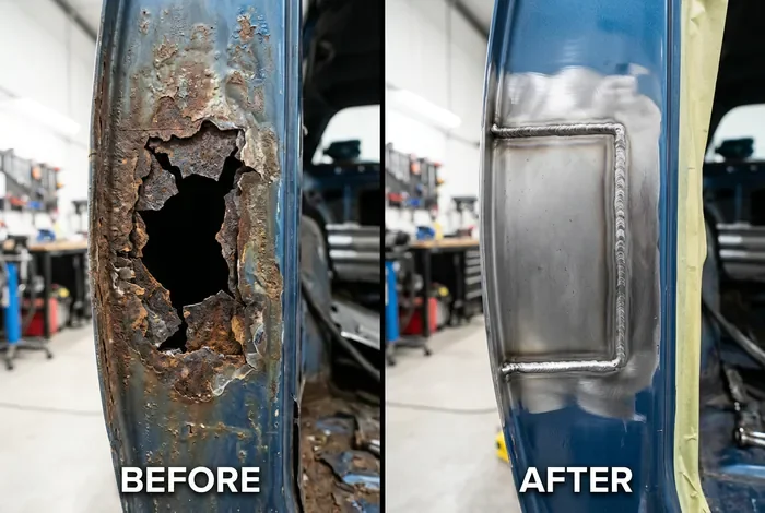 Comparatif avant après réparation d'un trou de rouille sur carrosserie