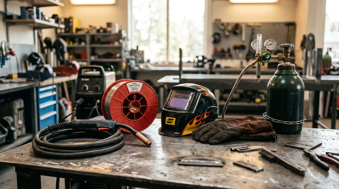 Équipement complet de soudure MIG avec masque, torche et gants de protection