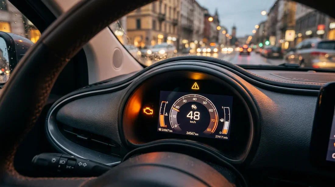 Tableau de bord de Fiat 500 avec voyant moteur et témoin d'alerte allumés