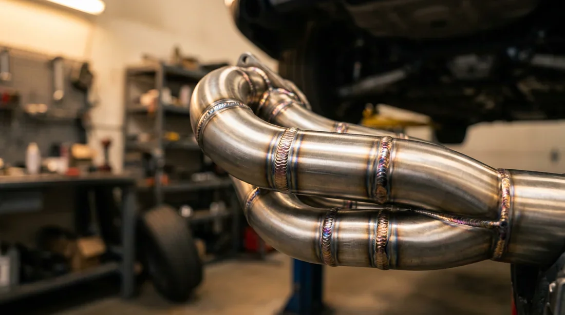 Gros plan sur les soudures d'une ligne d'échappement inox
