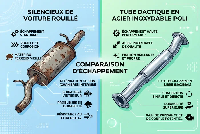 Infographie comparative : silencieux rouillé vs tube inox