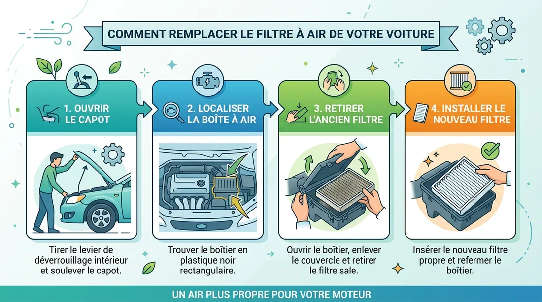 Infographie explicative montrant les étapes pour changer son filtre à air
