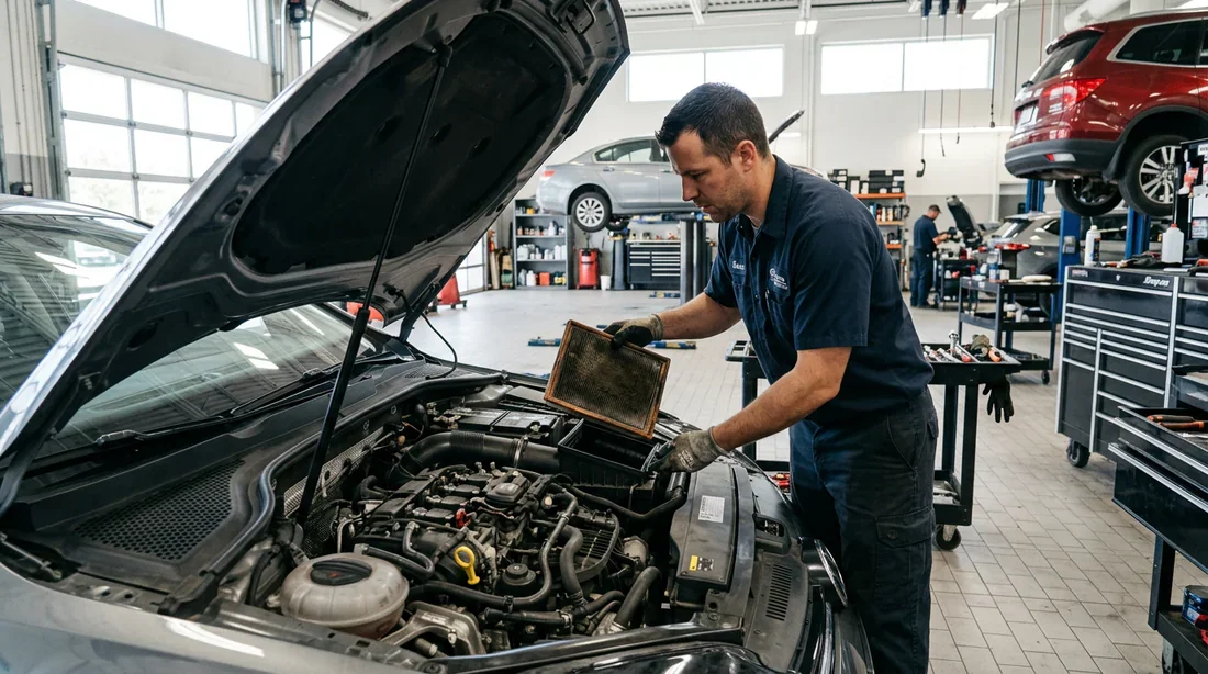 Mécanicien retirant le filtre à air usagé du compartiment moteur d'une voiture