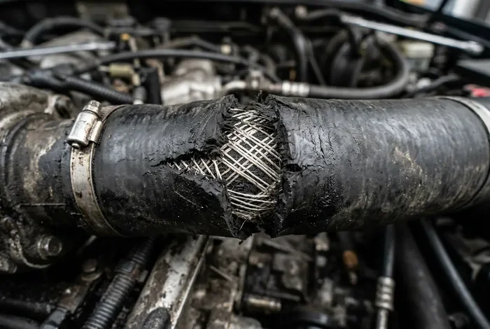 Vue rapprochée d'une durite de turbo percée avec fibres visibles