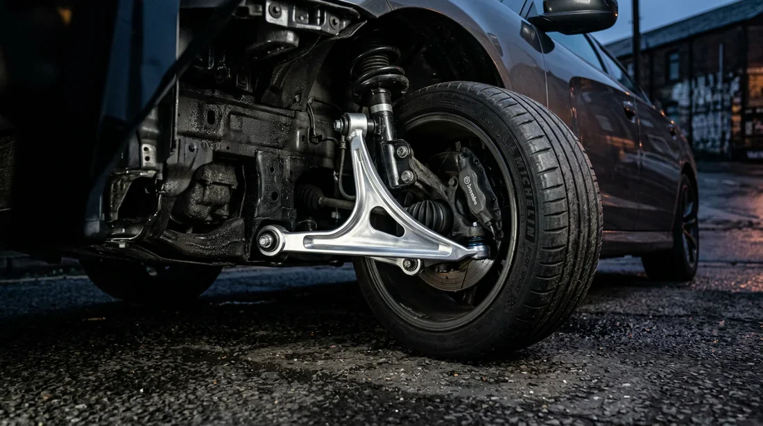 Triangle de suspension neuf installé sur la roue avant d'une voiture, vue en contre-plongée.