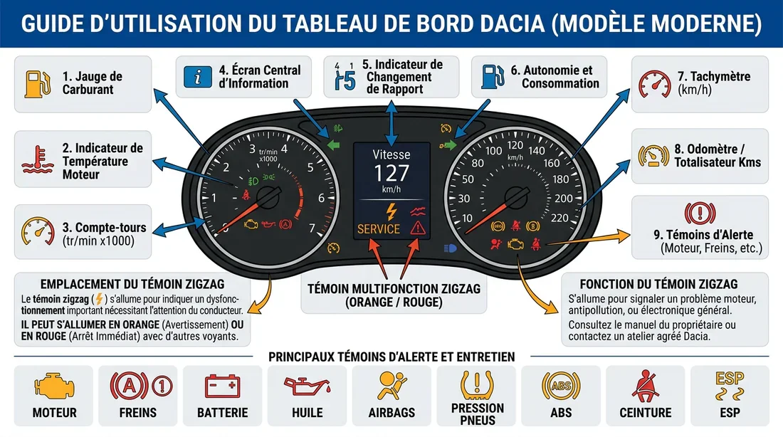 Où se situe le voyant multifonction sur le tableau de bord Schéma explicatif de l'emplacement du voyant multifonction Dacia