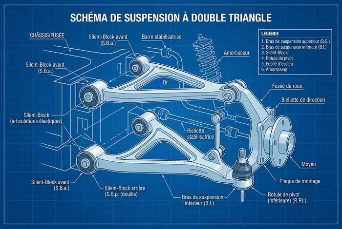 Triangle de suspension schéma : Rôle & Panne - Schéma Triangle de Suspension : Diagnostic Facile ! - Comment lire le schéma du triangle de suspension ? Schéma technique annoté montrant la structure d'un triangle de suspension