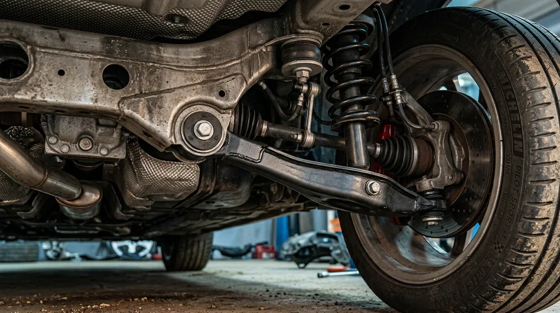 Vue détaillée du triangle de suspension relié au châssis de la voiture