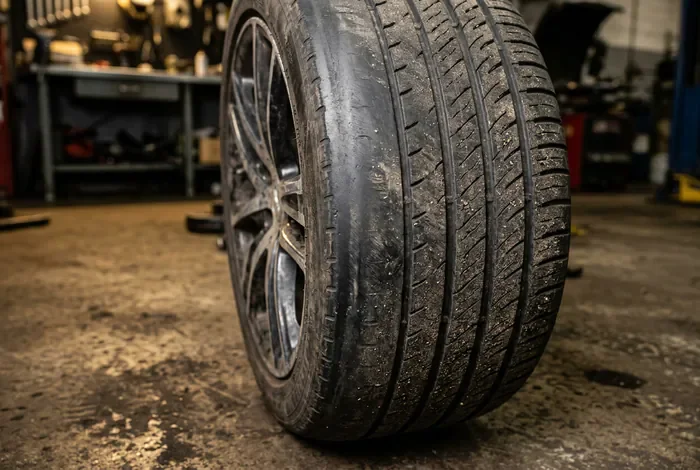 Gros plan sur l'usure anormale de l'épaulement d'un pneu de voiture