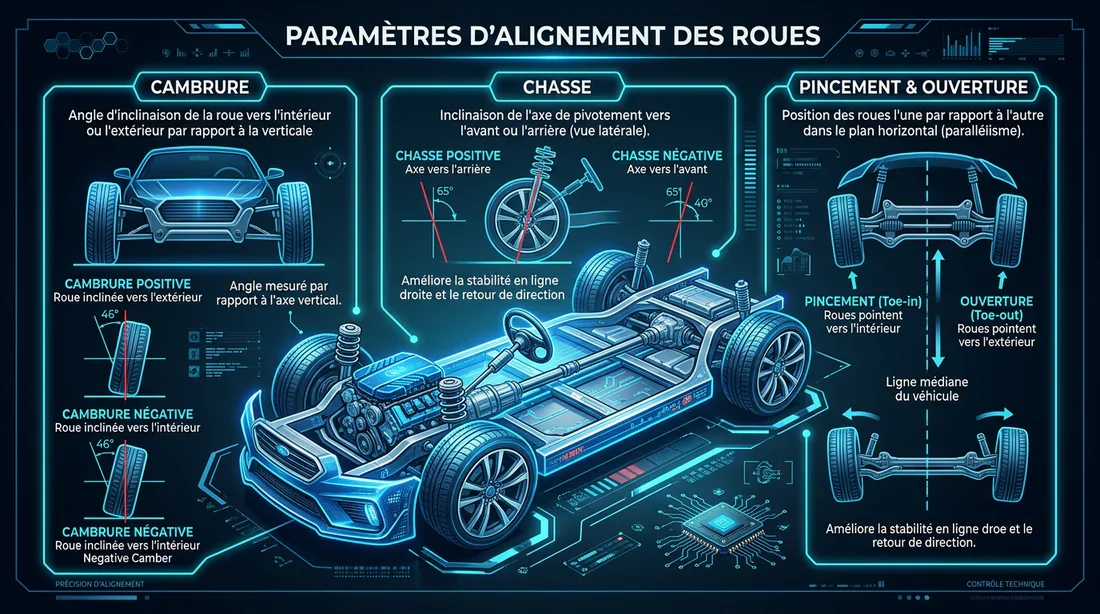 Schéma technique des angles de géométrie des roues Infographie explicative des réglages du parallélisme, du carrossage et de la chasse