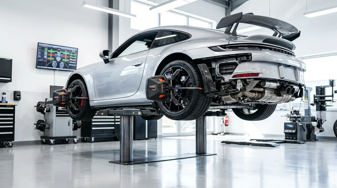 Contrôle de la géométrie des roues avec capteurs laser 3D Réglage de la géométrie et du parallélisme d'une voiture sur pont élévateur dans un garage professionnel