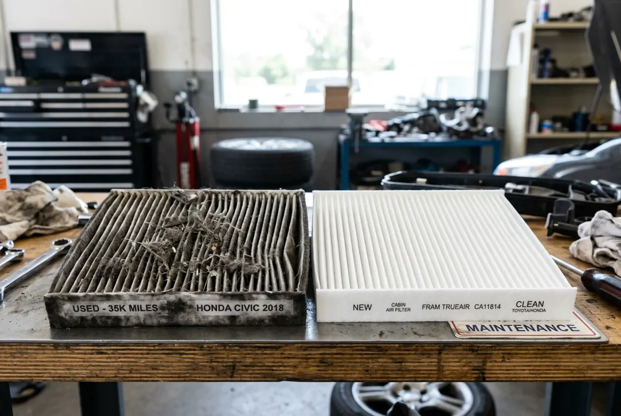 Filtre d'habitacle encrassé vs neuf Comparaison entre un filtre d'habitacle de voiture encrassé et un filtre neuf, cause racine de la surchauffe.