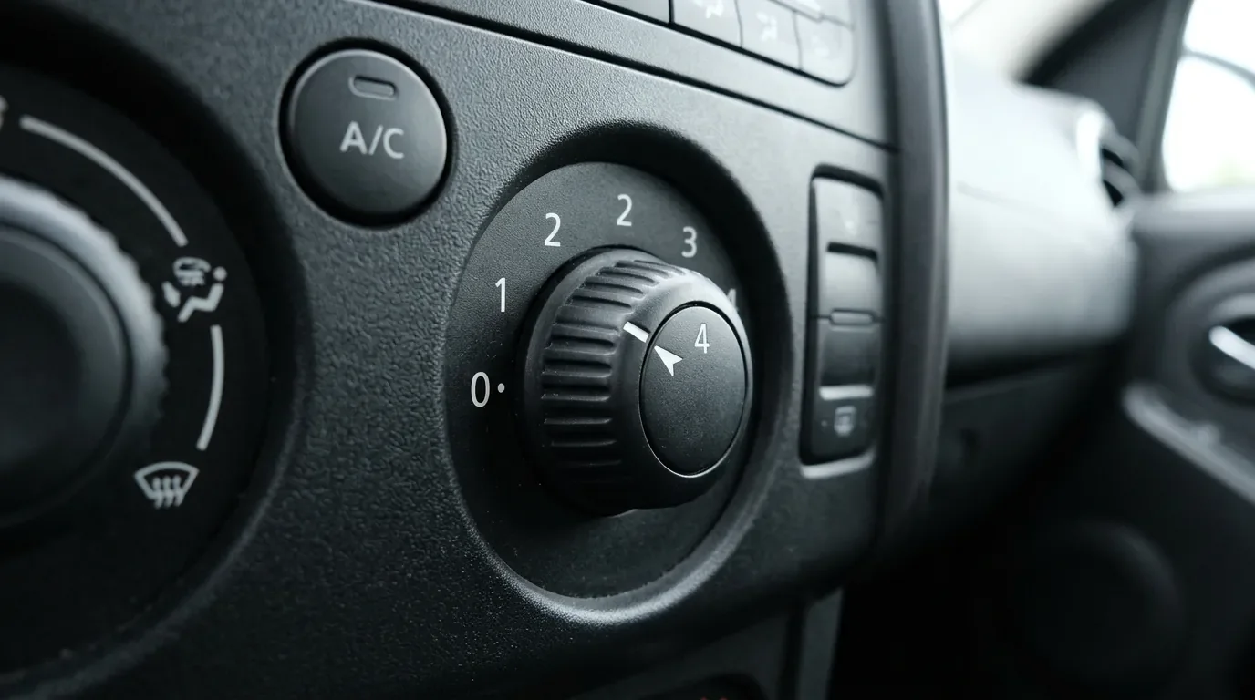 Ventilation Dacia Duster bloquée sur la position 4 Gros plan sur le bouton de commande de ventilation d'une voiture Dacia Duster positionné sur la vitesse 4.