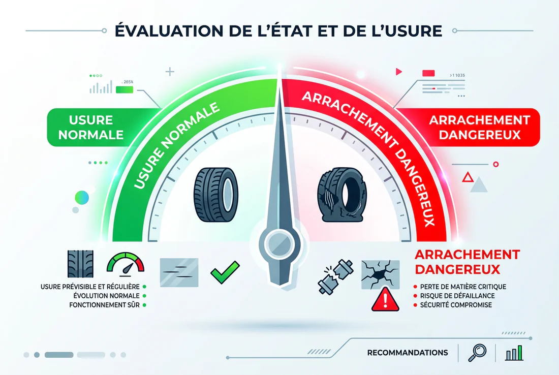 Un mécanicien inspecte un arrachement de gomme sur un pneu