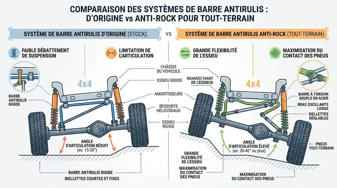 Schéma comparatif du fonctionnement d'une barre stabilisatrice d'origine et d'une barre anti-rock