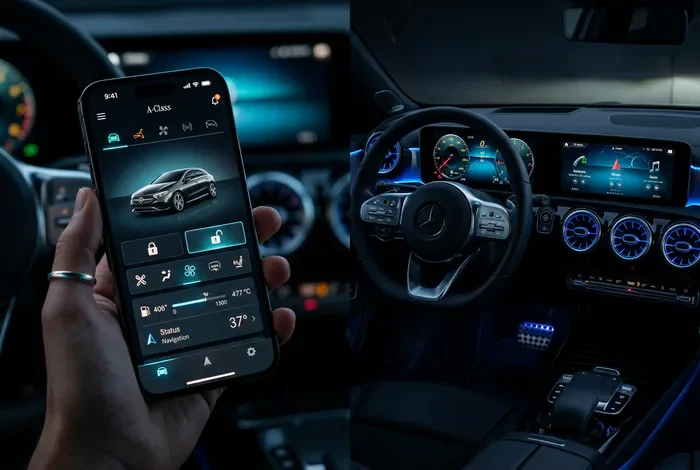 Application Mercedes me sur iPhone et tableau de bord de Classe A W177 en split-screen