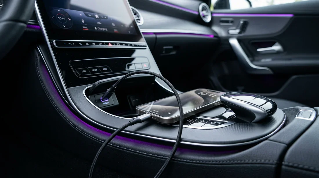 Connexion par câble d'un iPhone sur la console centrale de la Mercedes Classe A