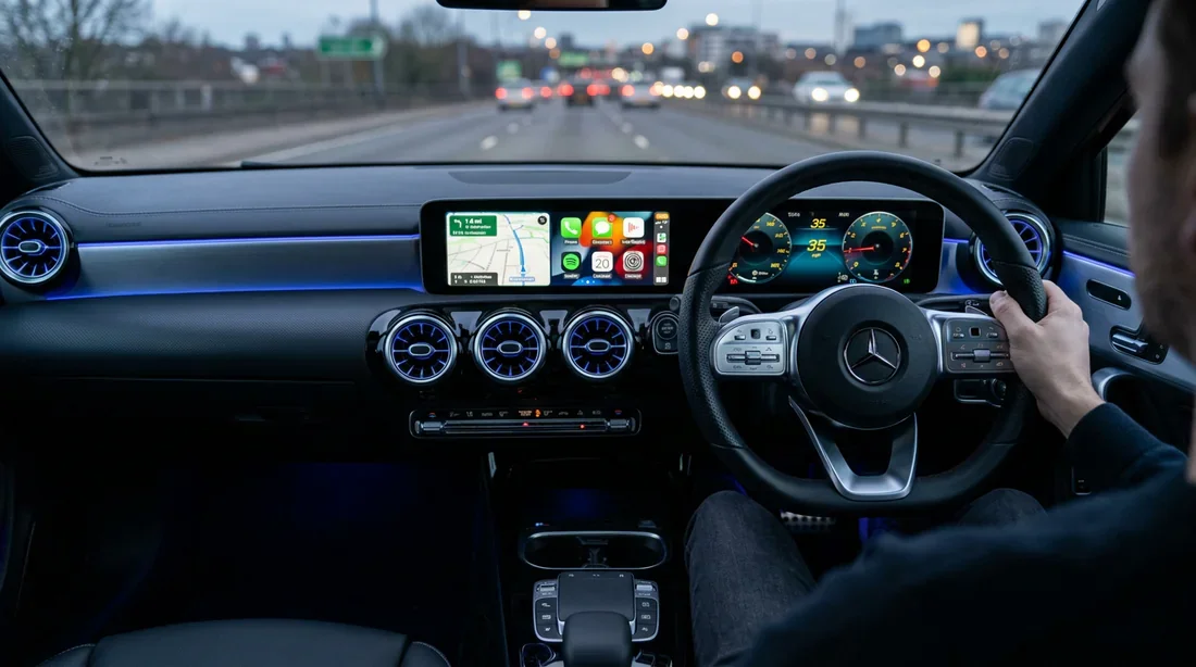 Habitacle de Mercedes Classe A W177 avec écran MBUX affichant l'interface Apple CarPlay