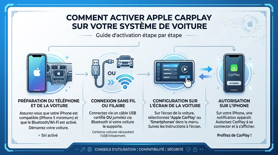 Infographie explicative des étapes d'activation d'Apple CarPlay via Mercedes me