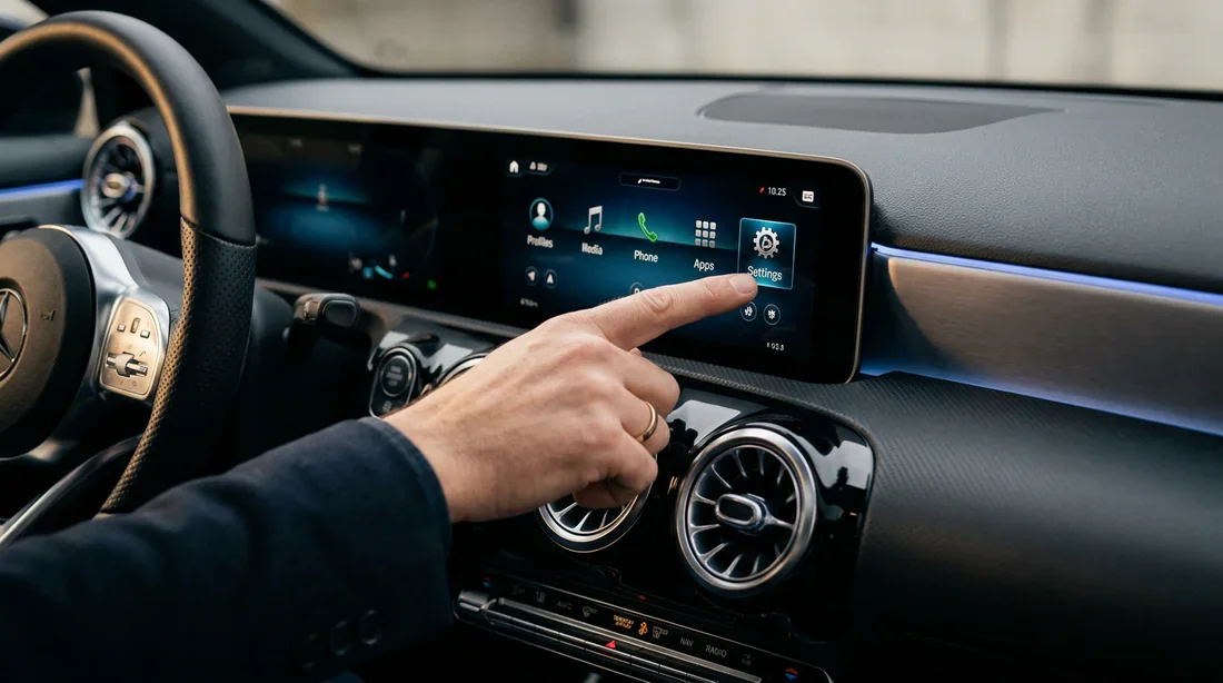 Main de conducteur réglant les paramètres Apple CarPlay sur l'écran tactile MBUX