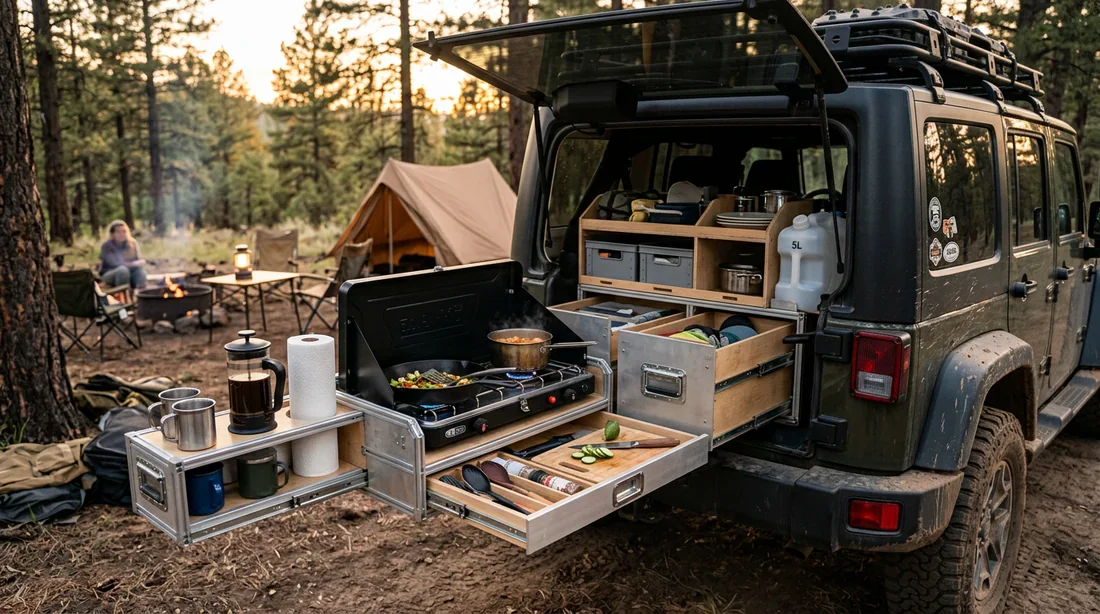Aménagement de coffre sur mesure avec tiroir de rangement pour Jeep Wrangler en bivouac