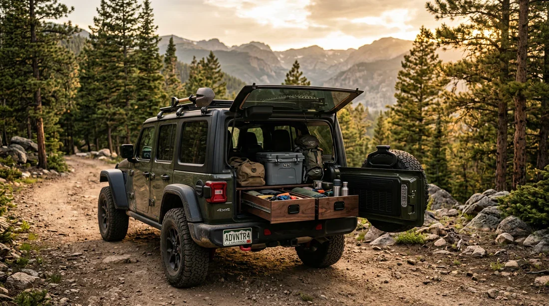 Jeep Wrangler Unlimited 4 portes avec le coffre ouvert rempli de matériel de camping en pleine montagne