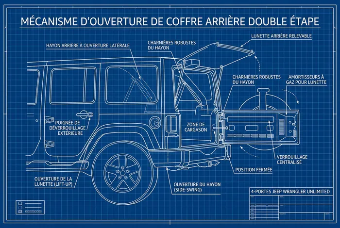Schéma technique de l'ouverture du coffre arrière de Jeep Wrangler