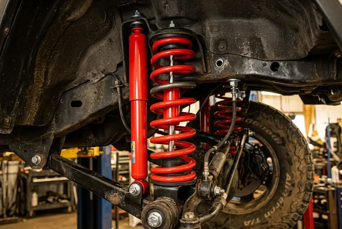 Gros plan sur un amortisseur neuf de kit de rehausse pour Jeep XJ