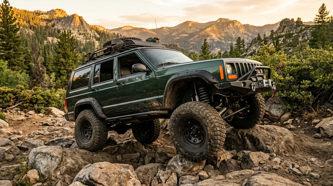 Jeep Cherokee XJ franchissant un obstacle tout-terrain avec un kit de rehausse