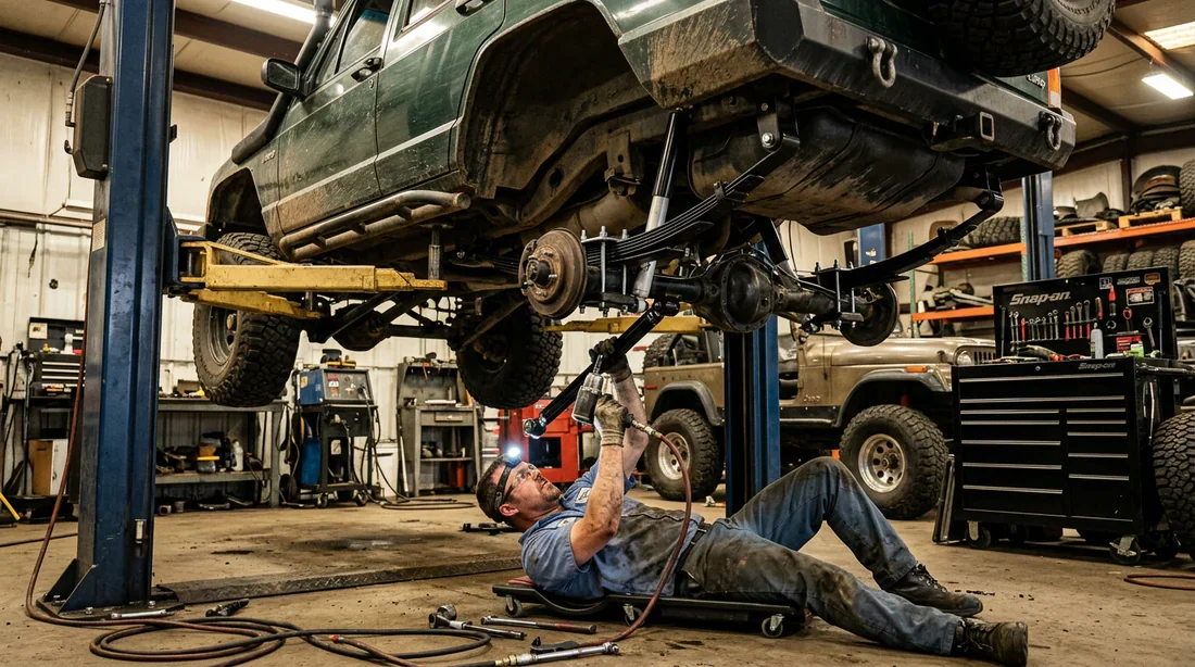 Manoeuvre de montage de la rehausse de suspension sur le pont arrière d'un Jeep Cherokee