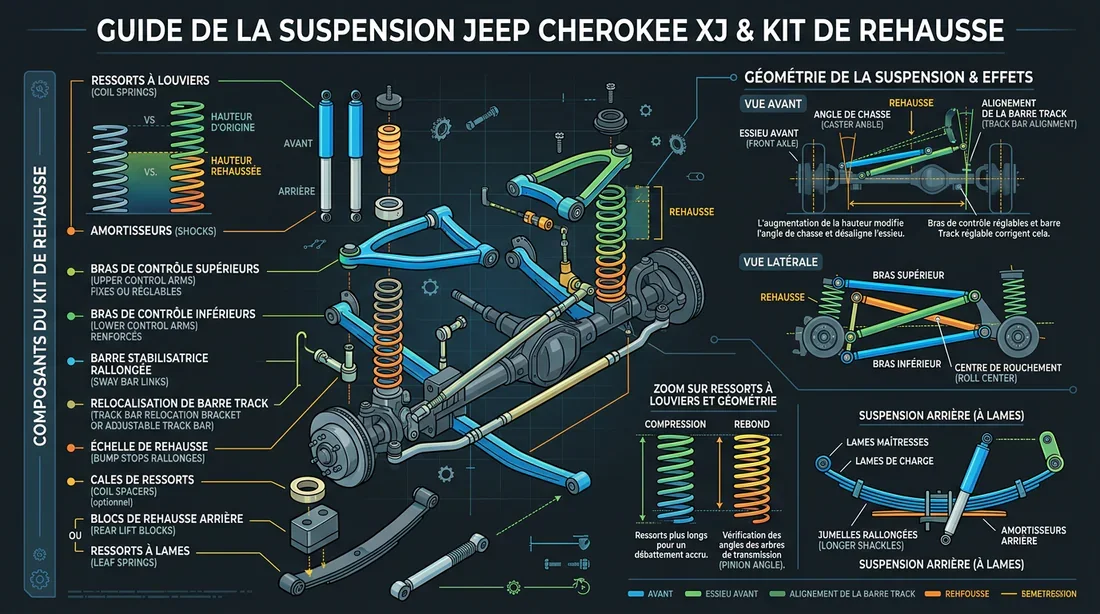 Schéma explicatif de la géométrie de suspension et composants du kit de rehausse