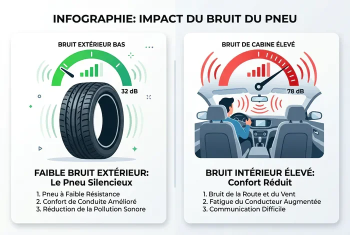 Infographie comparant le bruit extérieur et intérieur des pneus