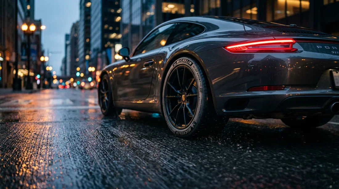 Performance des pneus Michelin sur route humide Voiture moderne roulant sur une chaussée humide avec focus sur les pneus Michelin