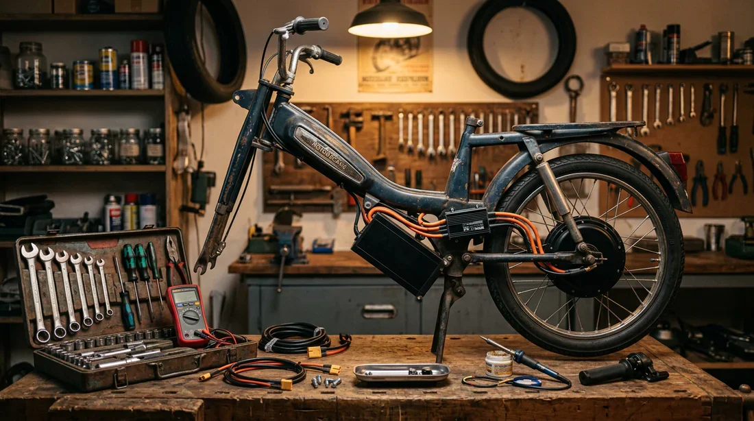 Atelier de montage pour la conversion électrique d'une mobylette