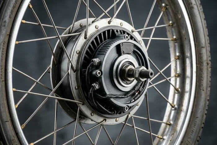 Moteur électrique brushless dans la roue à rayons d'une mobylette