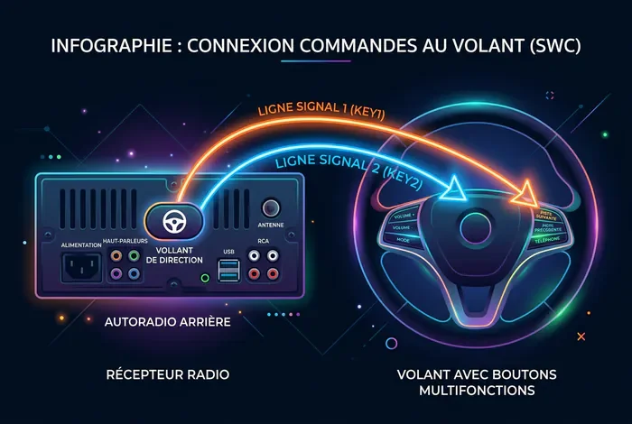 Schéma simplifié de connexion des commandes au volant sur autoradio